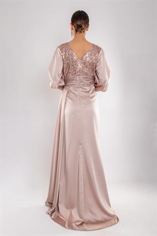 514 Kruvaze Yaka Kollu Pulpayet Detay Uzun Saten Elbise