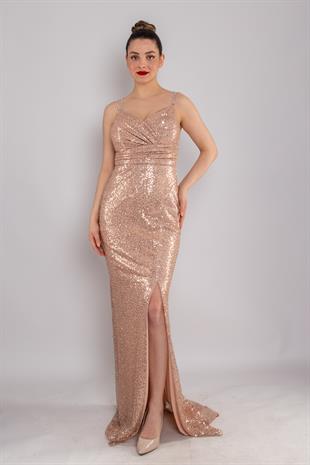 5144 İncili Payet Taş Şeritli Britli Uzun Elbise