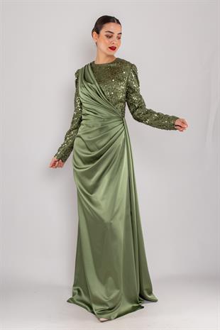 521 Payet ve Boncuklu Tesettür Yandan Drapeli Saten Uzun Elbise