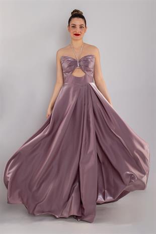 550 Straplez Göğüs Taş Detay Yırtmaçlı Uzun Saten Elbise