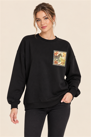 5590 Arka Zebra Desen Baskılı Bisiklet Yaka Şardonlu Sweat