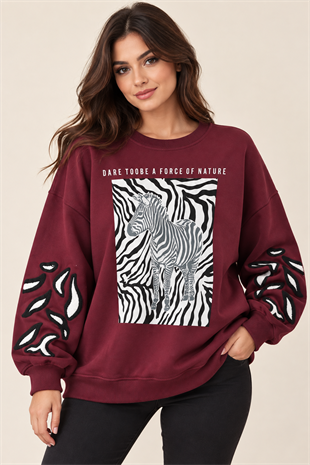5591 Bisiklet Yaka Zebra Desen Şardonlu Sweatshirt