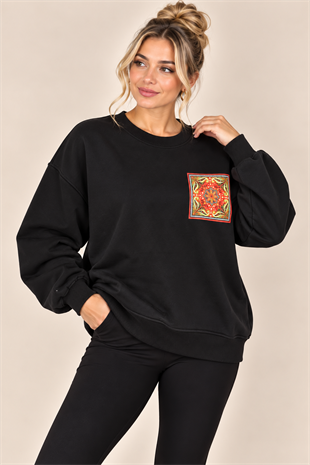 5607 Etnik Desen Detay Şardonlu Bisiklet Yaka Sweat