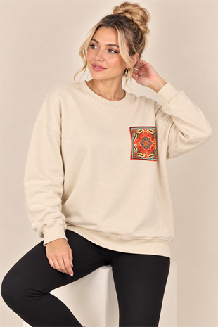 5607 Etnik Desen Detay Şardonlu Bisiklet Yaka Sweat