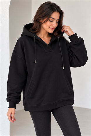 5626 Vyaka Cepli Kapüşonlu İçi Şardonlu Eteği Asimetrik Sweatshirt