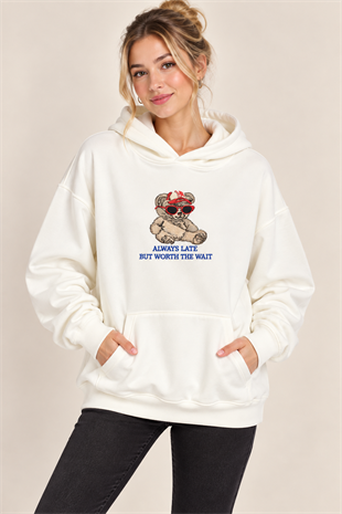 5650 Kapüşonlu Ayı Nakışlı Kanguru Cep İçi Şardonlu Sweatshirt