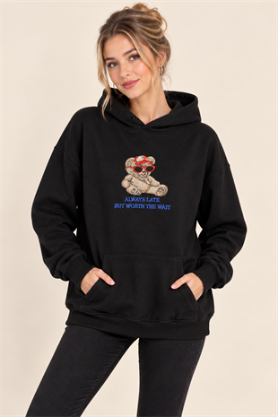 5650 Kapüşonlu Ayı Nakışlı Kanguru Cep İçi Şardonlu Sweatshirt