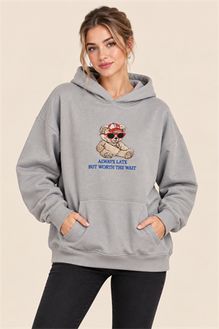 5650 Kapüşonlu Ayı Nakışlı Kanguru Cep İçi Şardonlu Sweatshirt