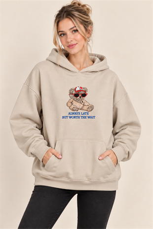 5650 Kapüşonlu Ayı Nakışlı Kanguru Cep İçi Şardonlu Sweatshirt