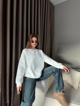 5715 Omuz Kol Boncuk Nakışlı Bisiklet Yaka Sweatshirt