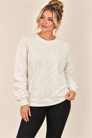 5729 Kesme Boncuk Taş Nakışlı Bisiklet Yaka Sweatshirt