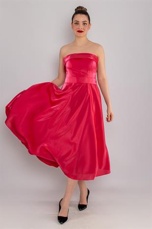 576 Straplez Kuşaklı Midiboy Kloş Etek Saten Elbise