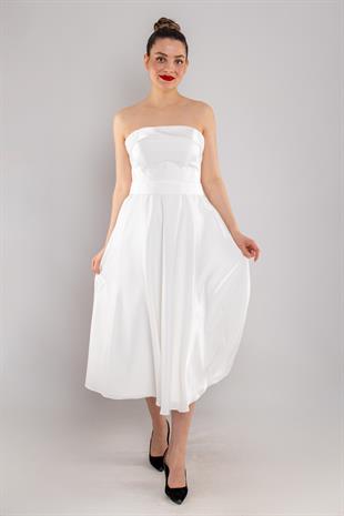 576 Straplez Kuşaklı Midiboy Kloş Etek Saten Elbise