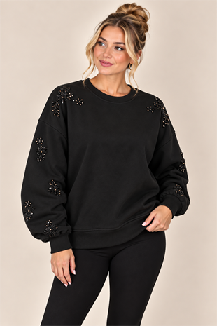 5787 Kol İşlemeli Omuz Taşlı Bisiklet Yaka Sweatshirt