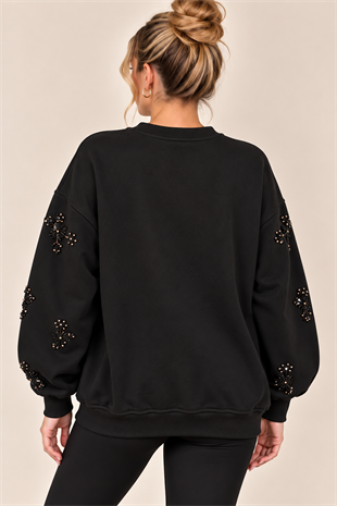 5787 Kol İşlemeli Omuz Taşlı Bisiklet Yaka Sweatshirt