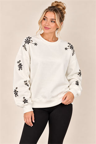 5787 Kol İşlemeli Omuz Taşlı Bisiklet Yaka Sweatshirt