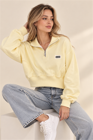 5795 Yaka Fermuarlı Beli Lastik Crop Sweatshirt