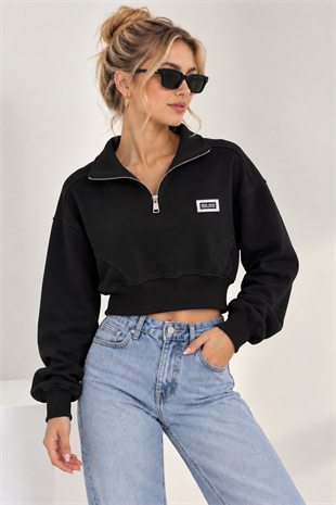 5795 Yaka Fermuarlı Beli Lastik Crop Sweatshirt