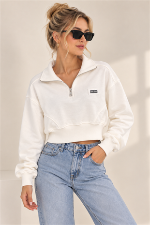 5795 Yaka Fermuarlı Beli Lastik Crop Sweatshirt