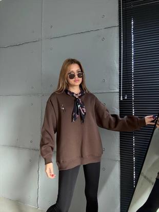 5808 Fular Detay Ceylan Nakışlı Bisiklet Yaka Sweatshirt