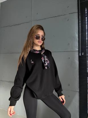 5808 Fular Detay Ceylan Nakışlı Bisiklet Yaka Sweatshirt