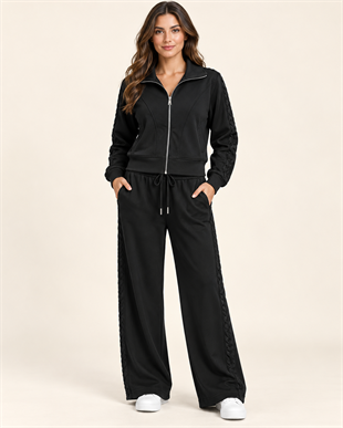 5989 Fermuarlı Yaka Crop Sweat Dikişli Eşofman Takım