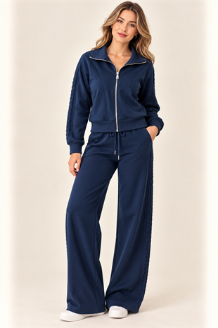 5989 Fermuarlı Yaka Crop Sweat Dikişli Eşofman Takım