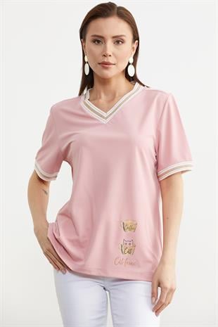 60024 Vyaka Triko Detay Simli Baskılı Tshirt