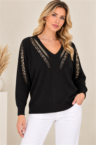6006 Leopar Desen Taşlı Triko Bluz
