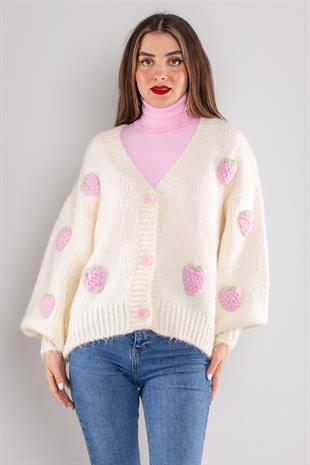 60185 Vyaka Balon Kol Çilek Nakışlı Balon Kol Triko Hırka