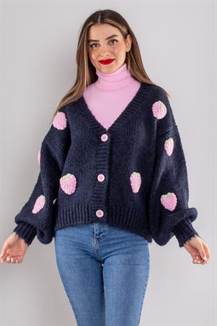 60185 Vyaka Balon Kol Çilek Nakışlı Balon Kol Triko Hırka