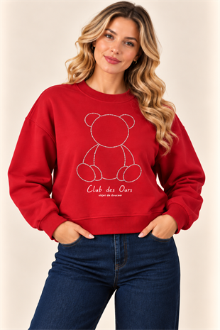 60200 Boncuklu Ayı Nakışlı Crop Bisiklet Yaka Sweat