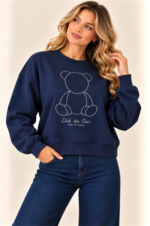 60200 Boncuklu Ayı Nakışlı Crop Bisiklet Yaka Sweat
