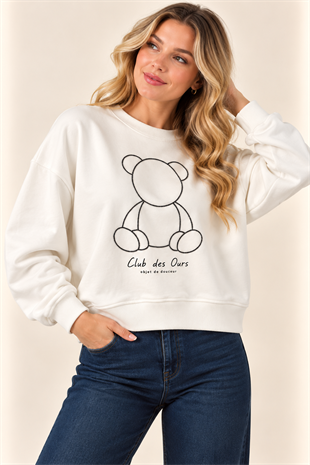 60200 Boncuklu Ayı Nakışlı Crop Bisiklet Yaka Sweat