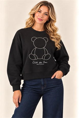 60200 Boncuklu Ayı Nakışlı Crop Bisiklet Yaka Sweat
