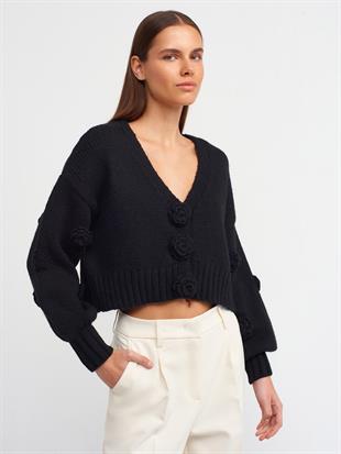 60216 Vyaka Elişi Gül Nakışlı Balon Kol Çıtçıtlı Triko Hırka