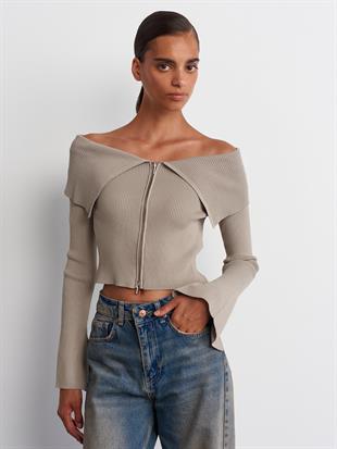 60252 Bardot Yaka Kol Yırtmaç Detay Fermuarlı Triko Hırka