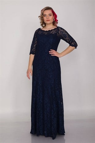6032 Büyük Beden Madonna Yaka Simli Dantel Truv.Kol Uzun Abiye