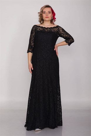 6032 Büyük Beden Madonna Yaka Simli Dantel Truv.Kol Uzun Abiye