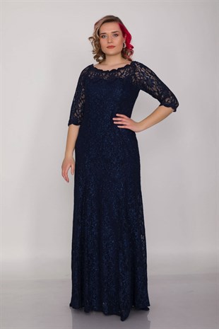 6032 Büyük Beden Madonna Yaka Simli Dantel Truv.Kol Uzun Abiye