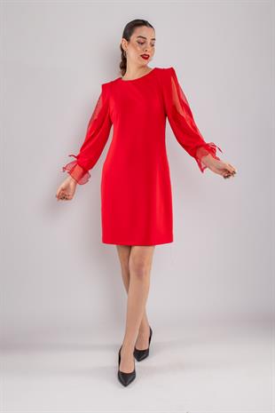 60627 Kolları Organze Tül Krep Elbise