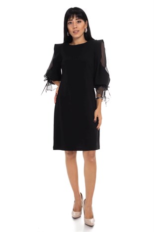 60627 Kolları Organze Tül Krep Elbise