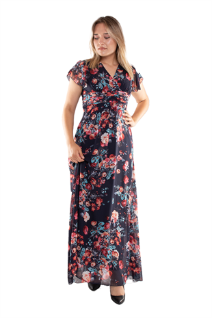 6076.1 Tam Seri Kruvaze Yaka Çiçek Desen Uzun Şifon Elbise