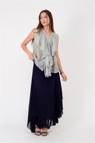 6087 Düz Desen Fiyonk Detaylı İpek Elbise