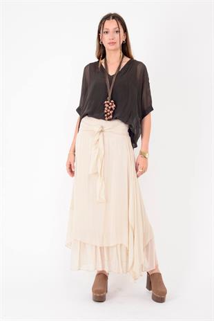 6087 Düz Desen Fiyonk Detaylı İpek Elbise