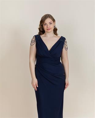 6092 Büyük Beden Omuz Taşlı Vyaka Drapeli Uzun Krep Elbise