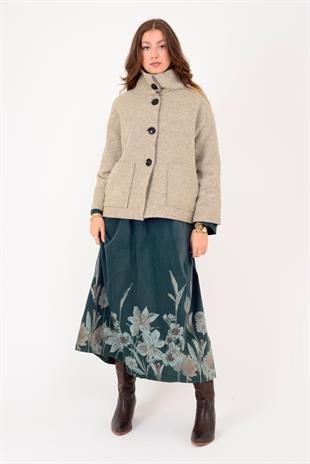 60940 Asimetrik Düğmeli Keçe Kaban