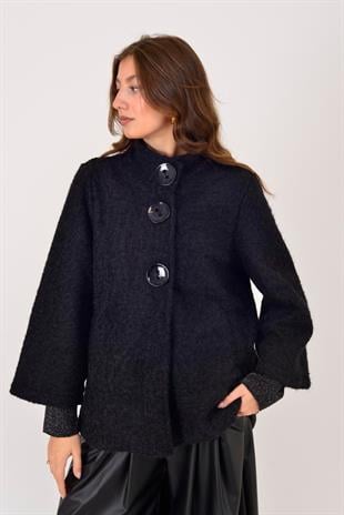 60940 Asimetrik Düğmeli Keçe Kaban