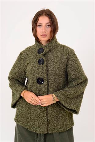 60940 Asimetrik Düğmeli Keçe Kaban