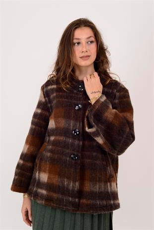 60940 Oduncu Desen Asimetrik Düğmeli Keçe Kaban